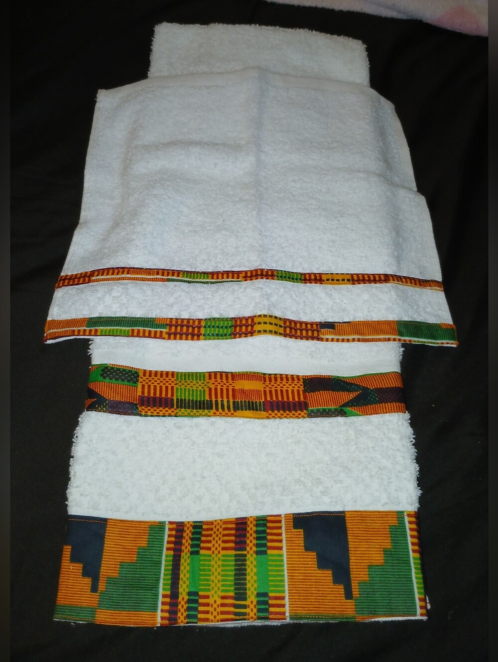 NWT Handcrafted White Bath Towel Set with Kente Trim.